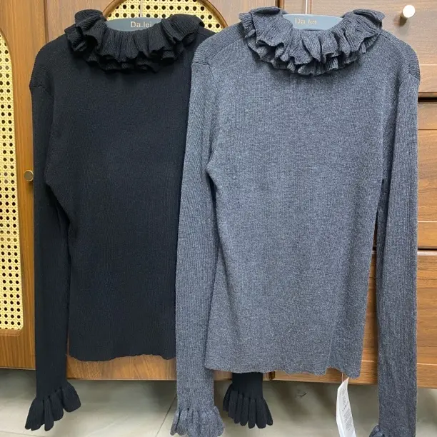 法式甜美花边领针织衫女秋冬高级感修身显瘦荷叶边长袖打底上衣