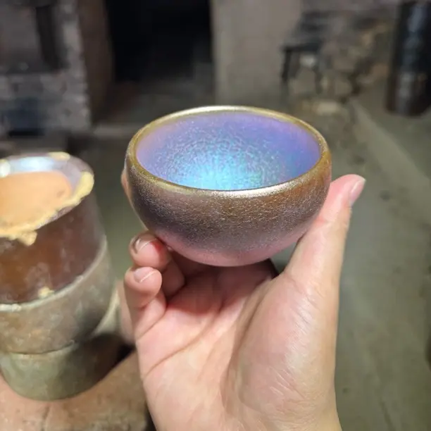 建窑建盏 极光幻彩粉 茶盏主人杯 电烧