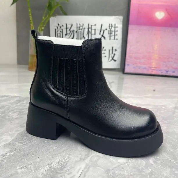 牛皮女士厚底粗跟切尔西靴9537