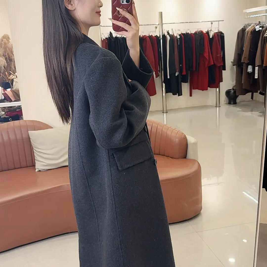 秋冬新款中长款双面羊毛西装版双排扣正肩女士大衣