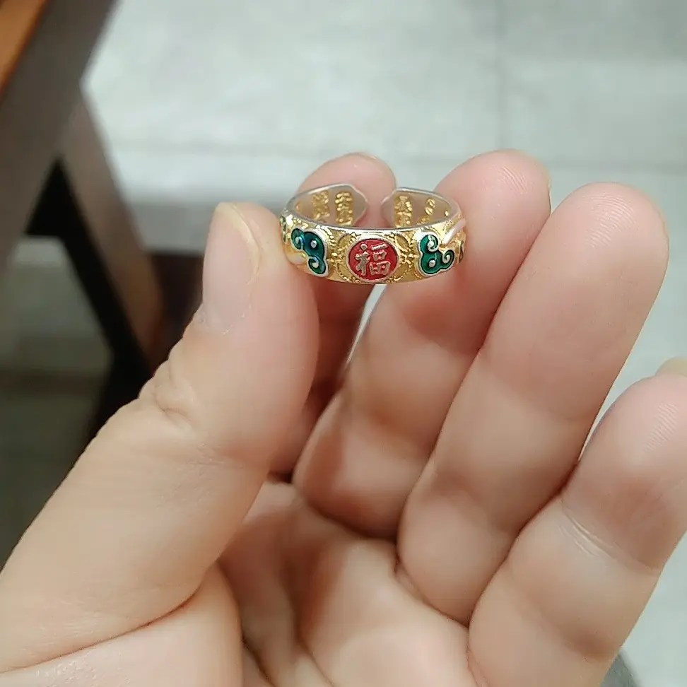 足银戒指 珐琅彩描金 福字足银开口戒指