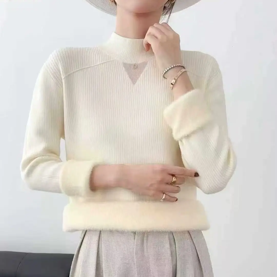冬季加绒加厚一体绒感网纱半高领女款内搭毛衣打底衫