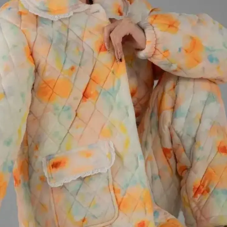 937新款扎染三层加厚保暖套装家居服外出款