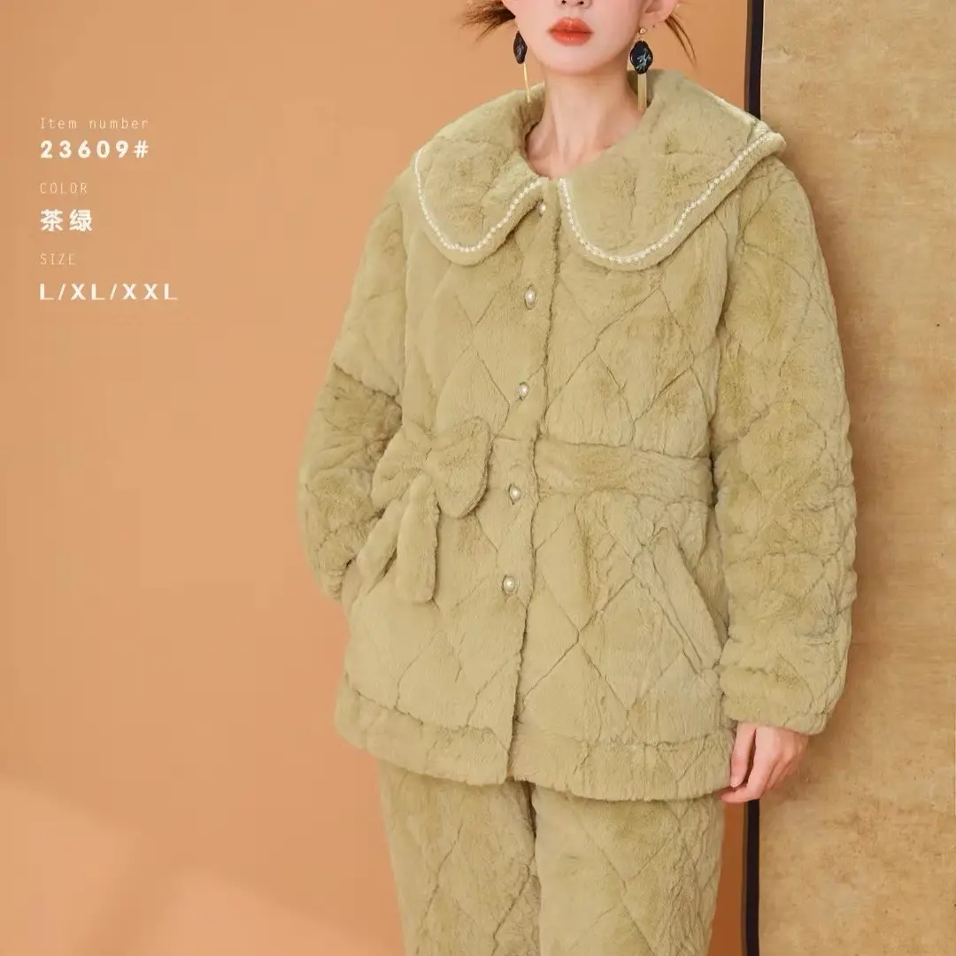 冬季加绒三层夹棉女士睡衣保暖可外穿家居服套装