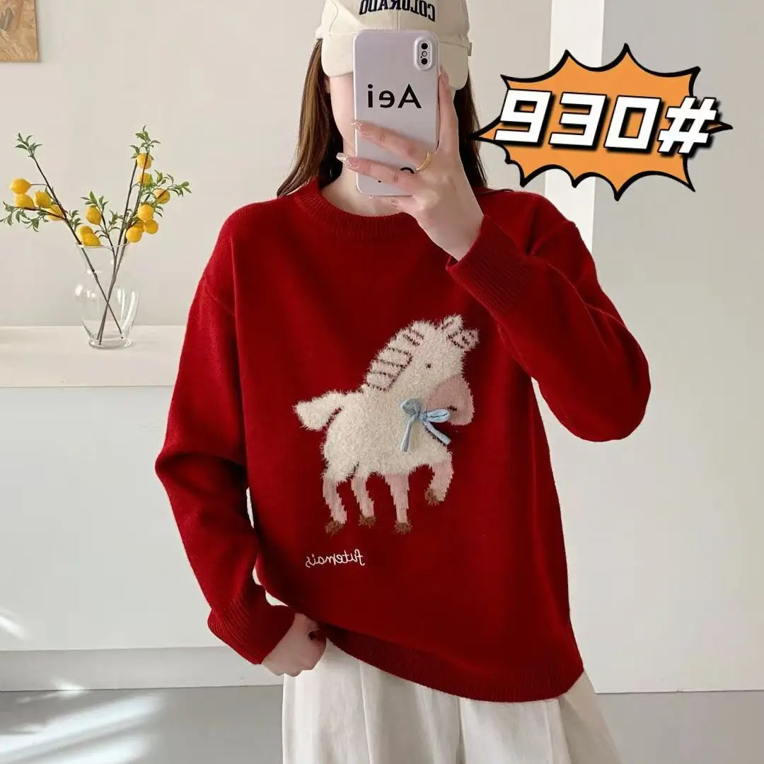 930冬女士红色蝴蝶结马提花套头加厚针织毛衣（胸围114衣长67左右）