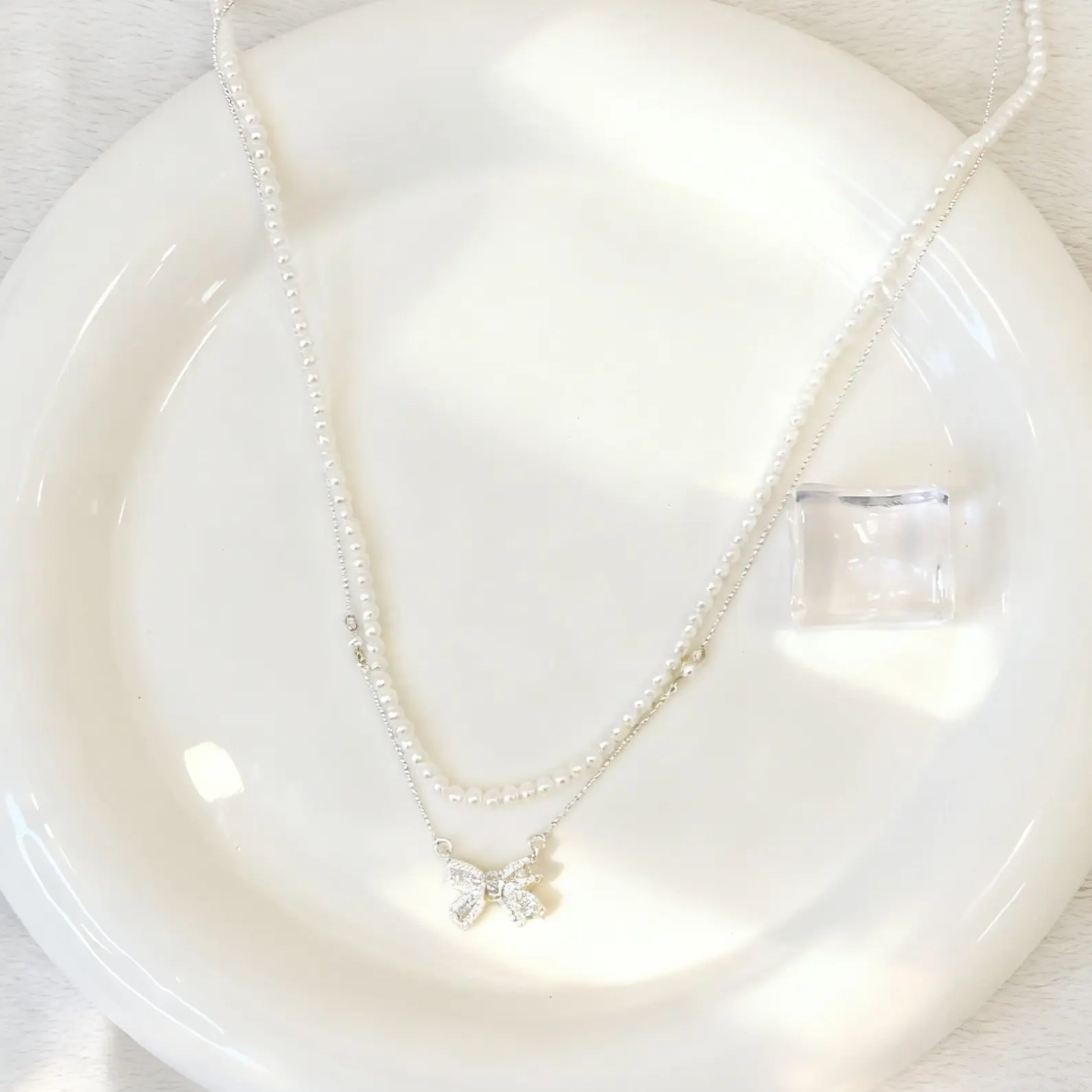 链子925银合成锆石 双层蝴蝶结项链满钻甜美轻奢锁骨链温柔风