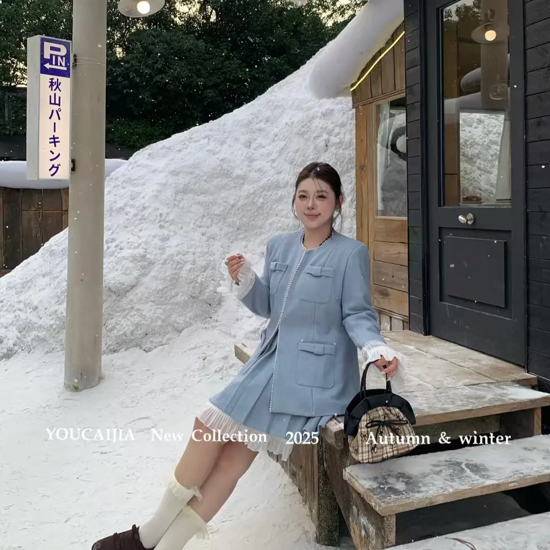 雾感少女风微胖韩系顺毛呢蝴蝶结外套半裙套装女(199~299)