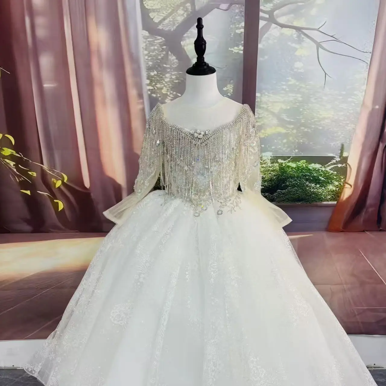 白色高端女童公主裙生日走秀主持钢琴演奏花童宴会演出服