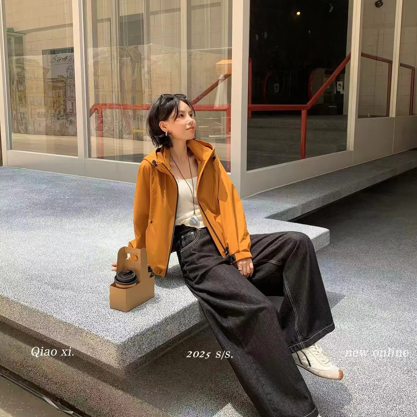 橘色长袖连帽常规款外套短款上衣韩版立领宽松秋季