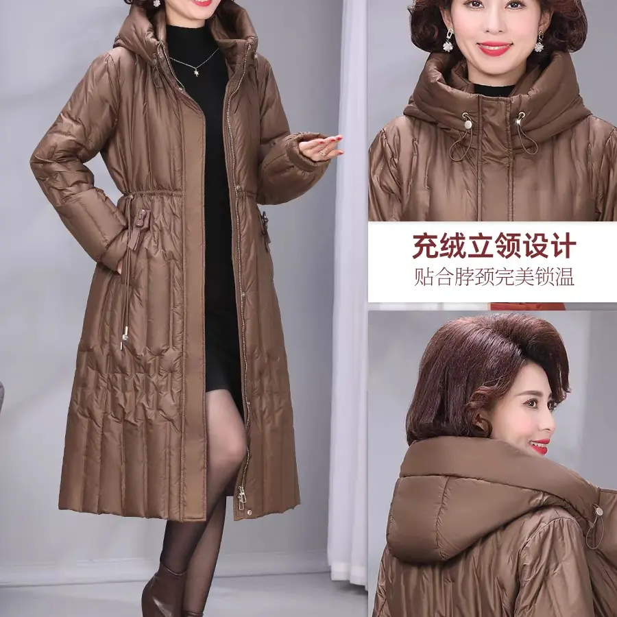 气质连帽拼接高端时尚保暖鹅绒收腰显瘦中长款过膝羽绒
