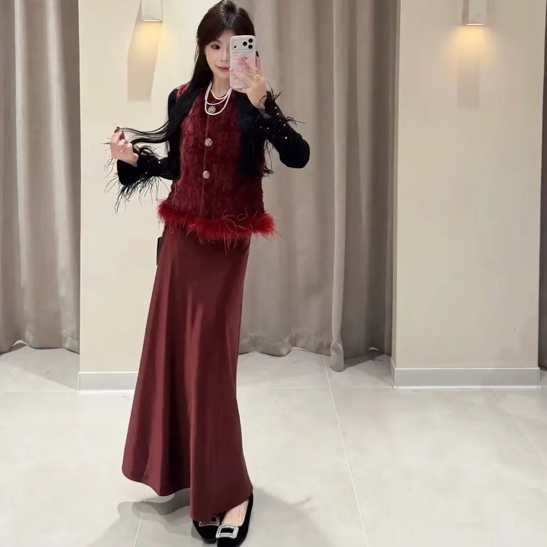 春季新款小香风重工亮片毛毛拼接宽松无袖马甲女气质外搭马夹上衣