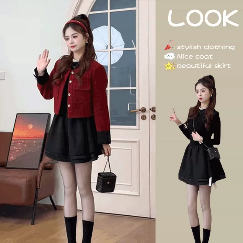 2025秋冬新款小香风气质红色外套黑色a字连衣裙女装留洋千金套装