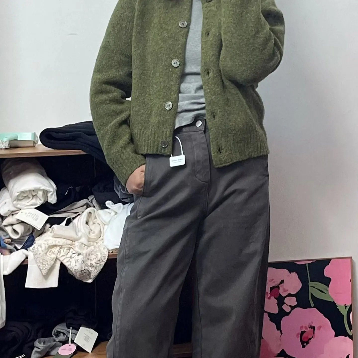 加绒修身斜挎无弹力牛仔裤