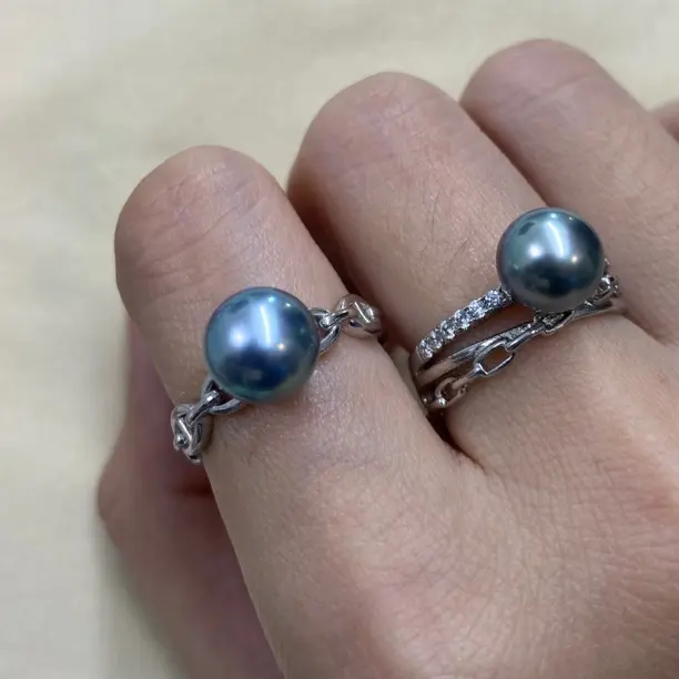 正品海水珍珠大溪地黑珍珠天然原色海洋蓝珍珠戒指