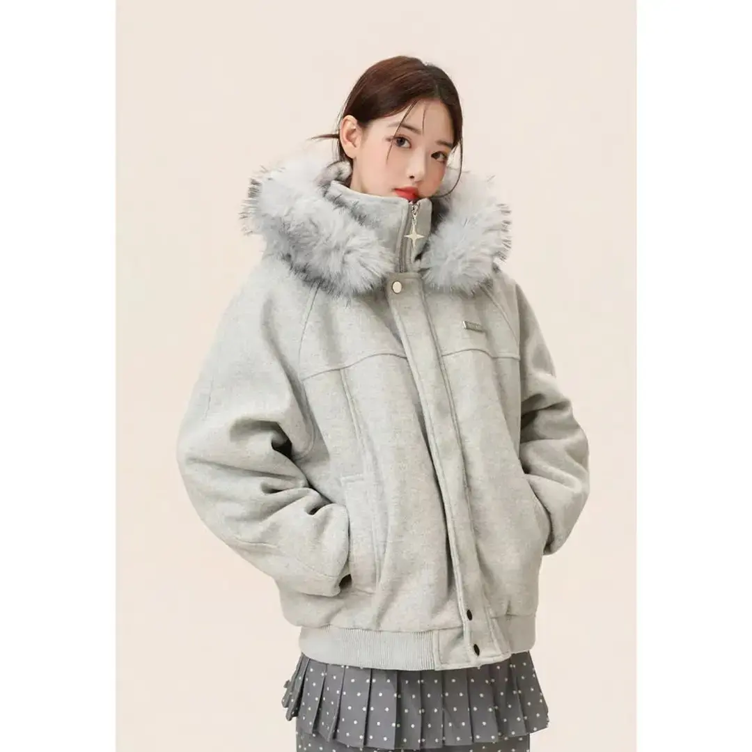 冬装座山雕毛领连帽棉服外套男女同款毛呢加厚保暖情侣装高级棉衣