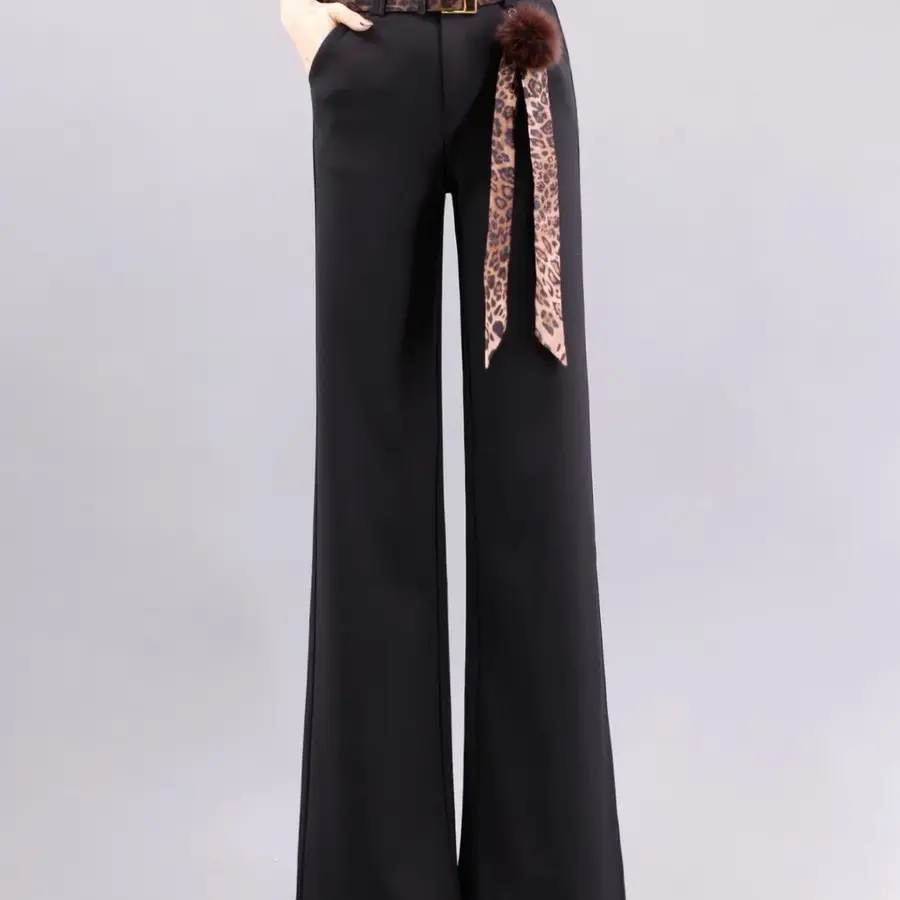 秋冬加绒加厚高腰垂感显瘦微喇休闲阔腿长裤女士时尚百搭裤子