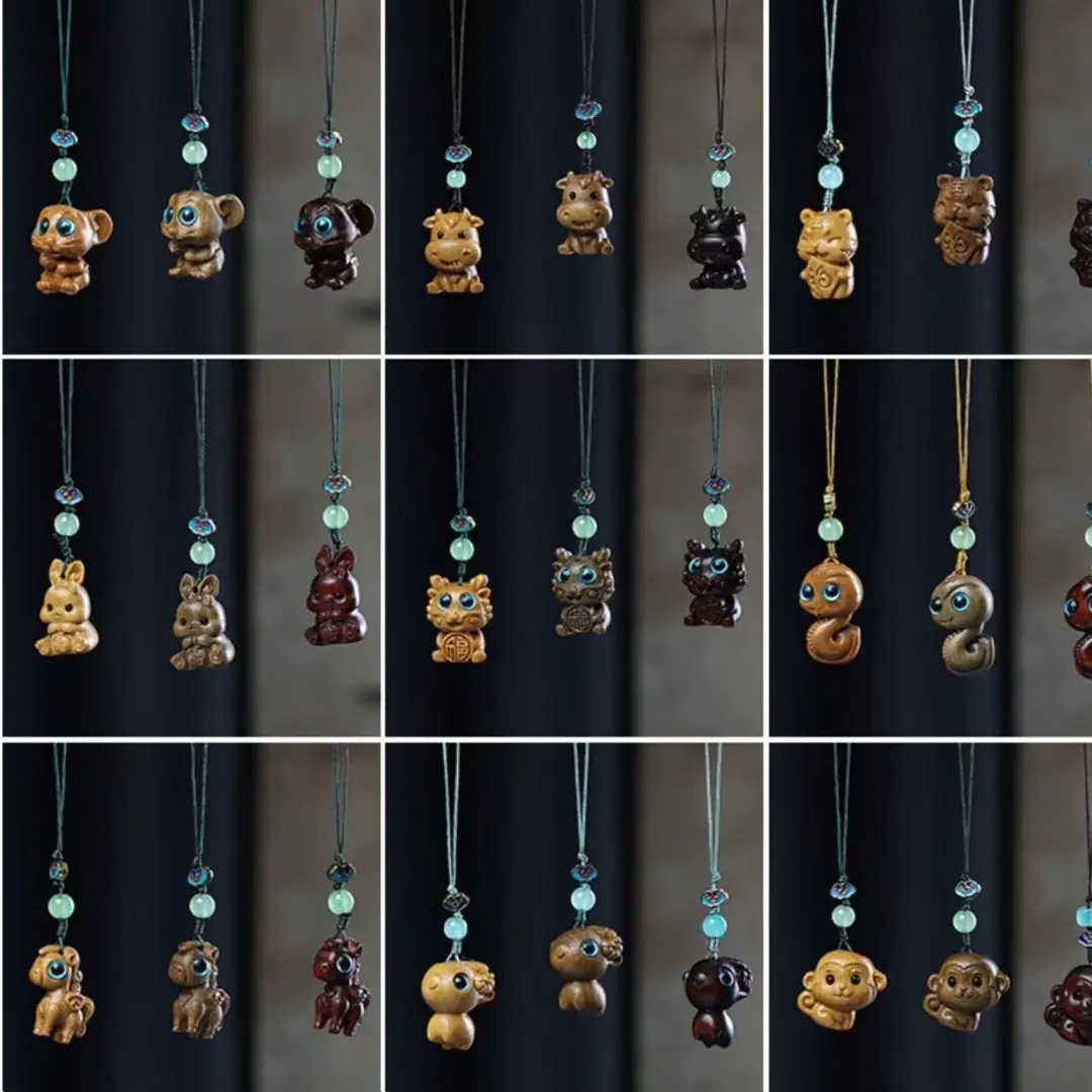 天然檀木生肖虎手机挂件创意可爱挂饰
