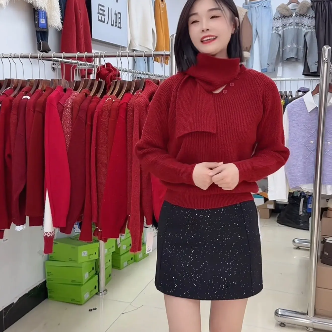 新年红色围巾毛衣女秋冬时尚款两件套