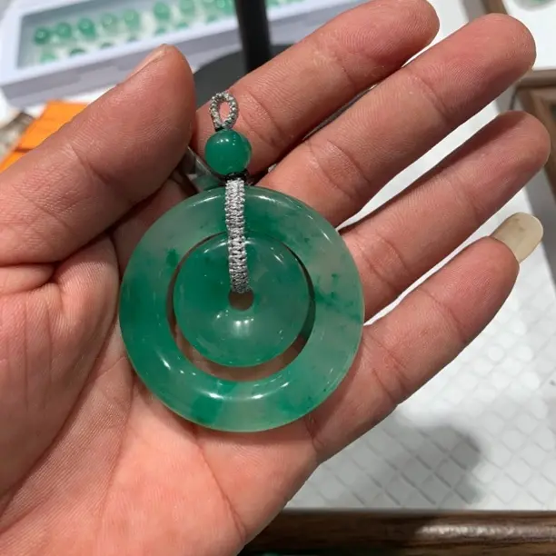 石英质玉 天然翠子母平安扣环环相扣寓意美满