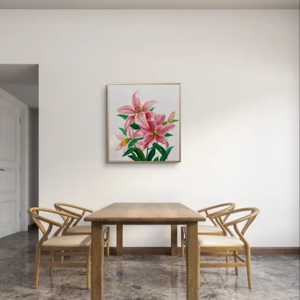 粉色百合奶油风格手绘油画客厅卧室装饰挂画