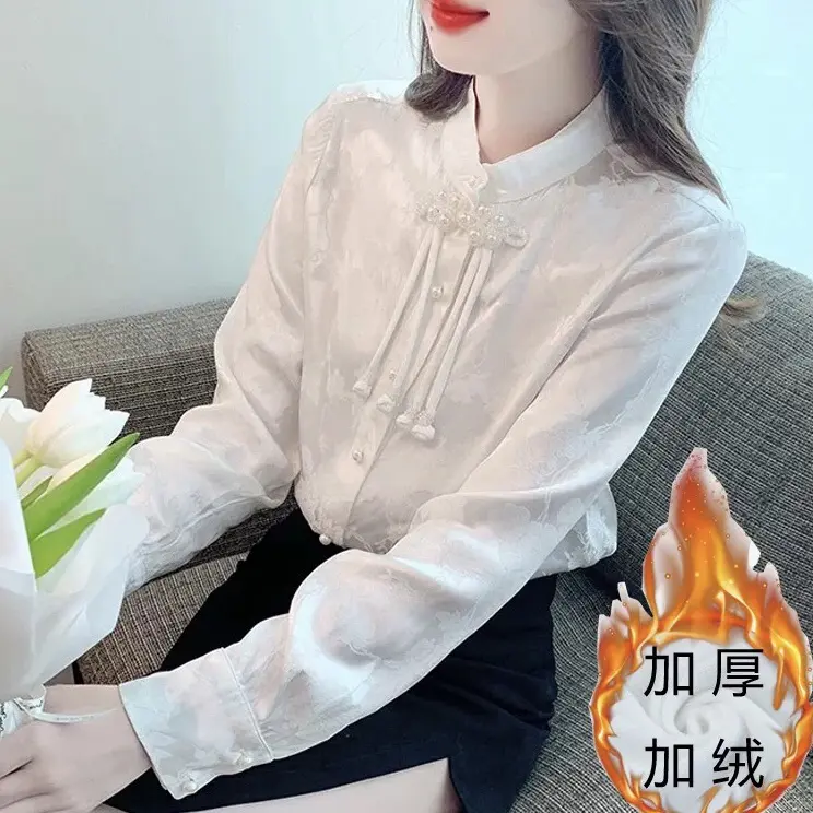 国风新中式立领盘扣钉珠高级感小众百搭秋冬加绒衬衫