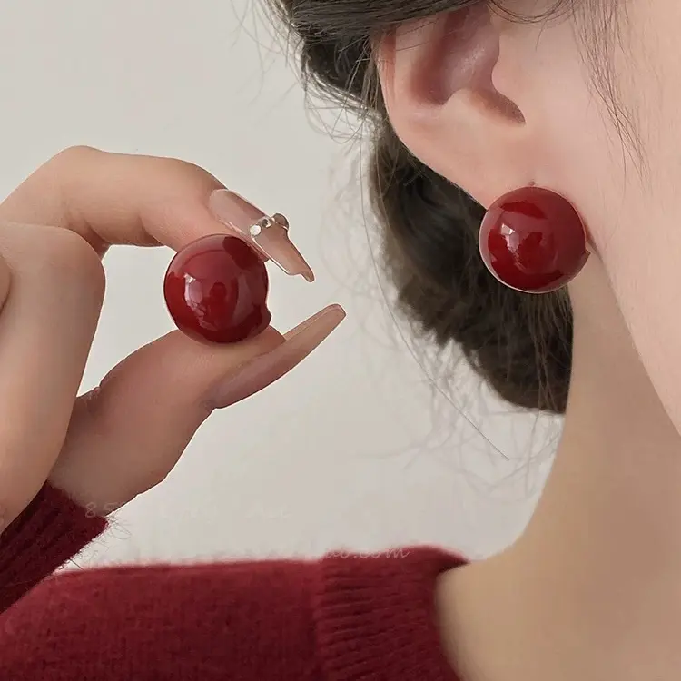 合金耳饰 铜合金珍珠耳饰 合金珍珠耳饰 红色珠珠耳钉女复古高级