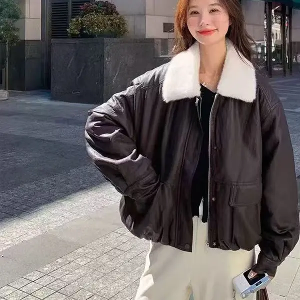 女款冬季加绒百搭可拆卸翻领休闲风极简风皮衣外套PU夹克洋气上衣