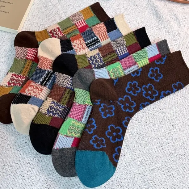 新款拼色补丁袜纯棉女款乞丐袜日常百搭有个性混色补丁ins风