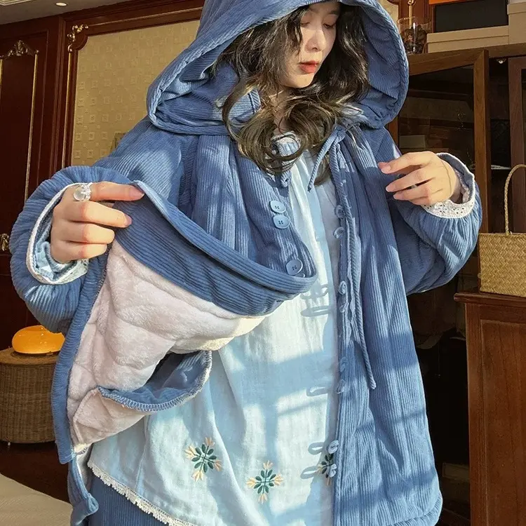 女士秋冬季新款三层夹棉加绒加厚保暖可外穿睡衣家居服