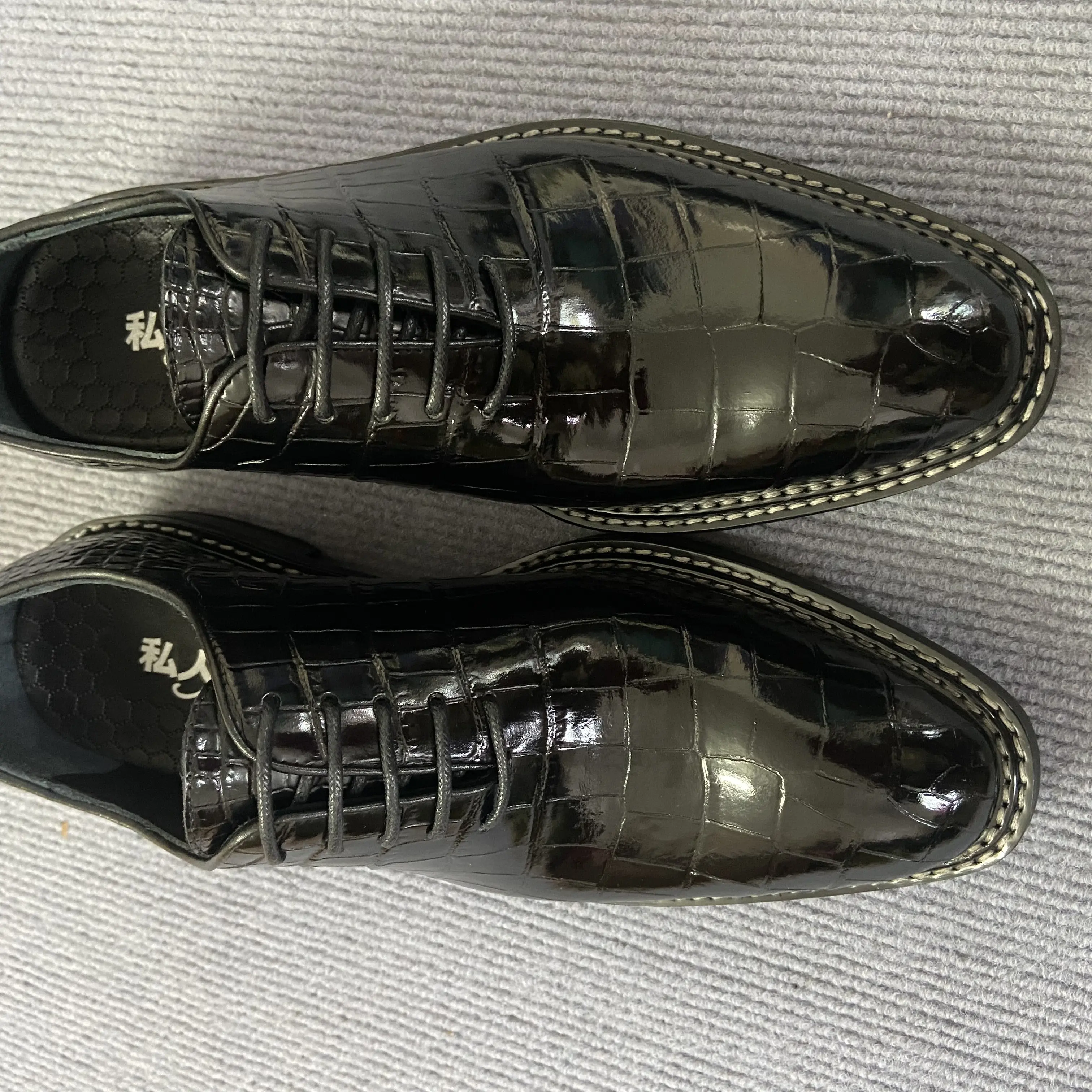 纯手工缝一片式鳄鱼皮革男士商务系带牛津鞋透气耐磨经典款