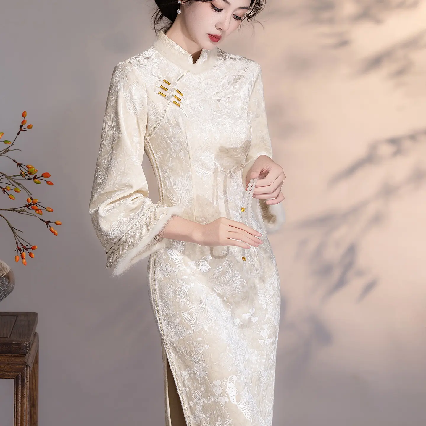 新中式改良旗袍加绒加厚冬款长袖气质年轻日常可穿长款连衣裙