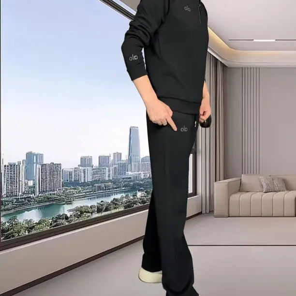 常规直筒拼接休闲运动套装秋季洋气男长袖黑色春秋显瘦气质裤子