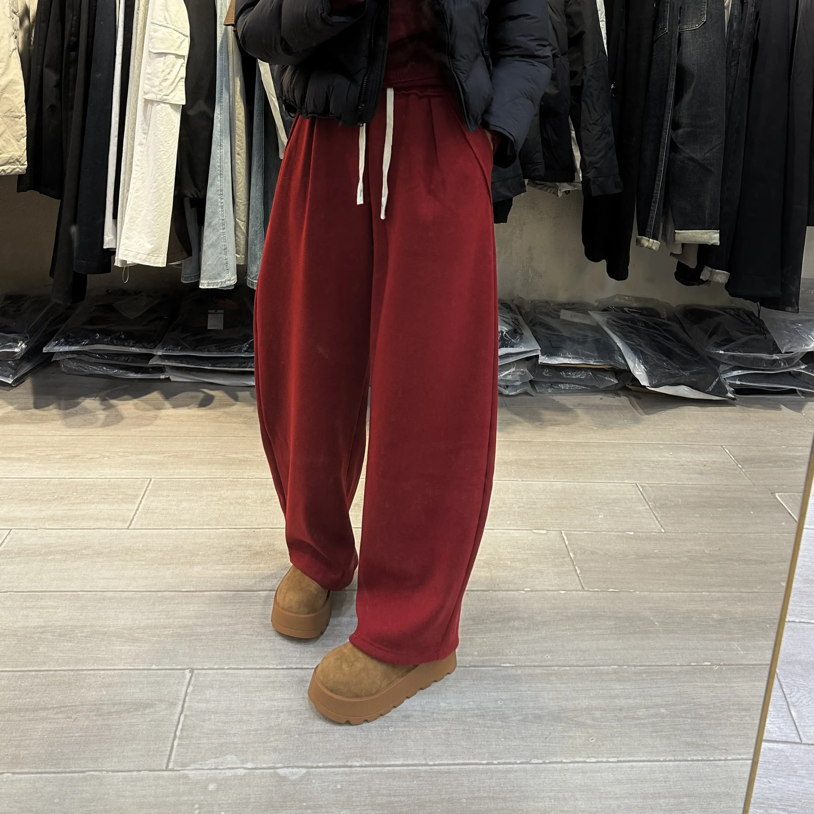 秋冬加绒加厚宽松阔腿直筒卫裤休闲显瘦