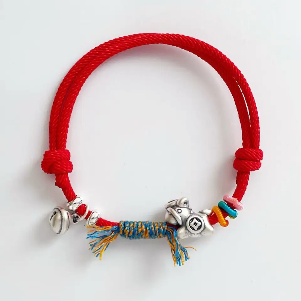 足银布艺手链 足银3D复古钱币马吊铃铛藏式本命年手绳简约气质款