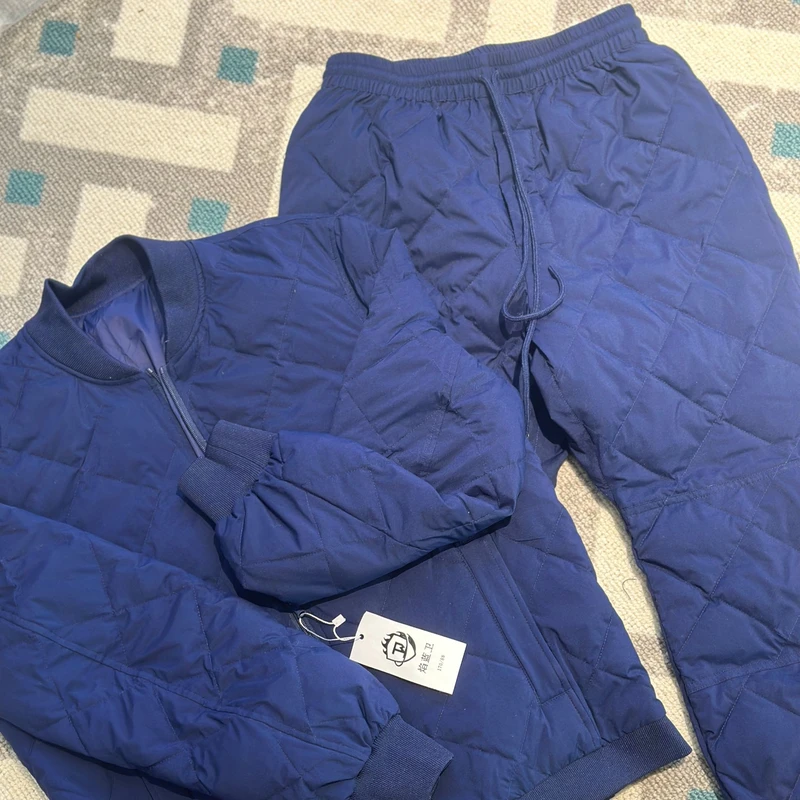 消防火焰蓝羽绒服套装冬季轻薄保暖防寒长袖长裤两件套巡逻执勤