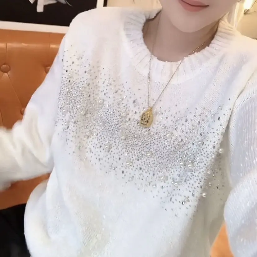 新款珍珠烫钻毛衣