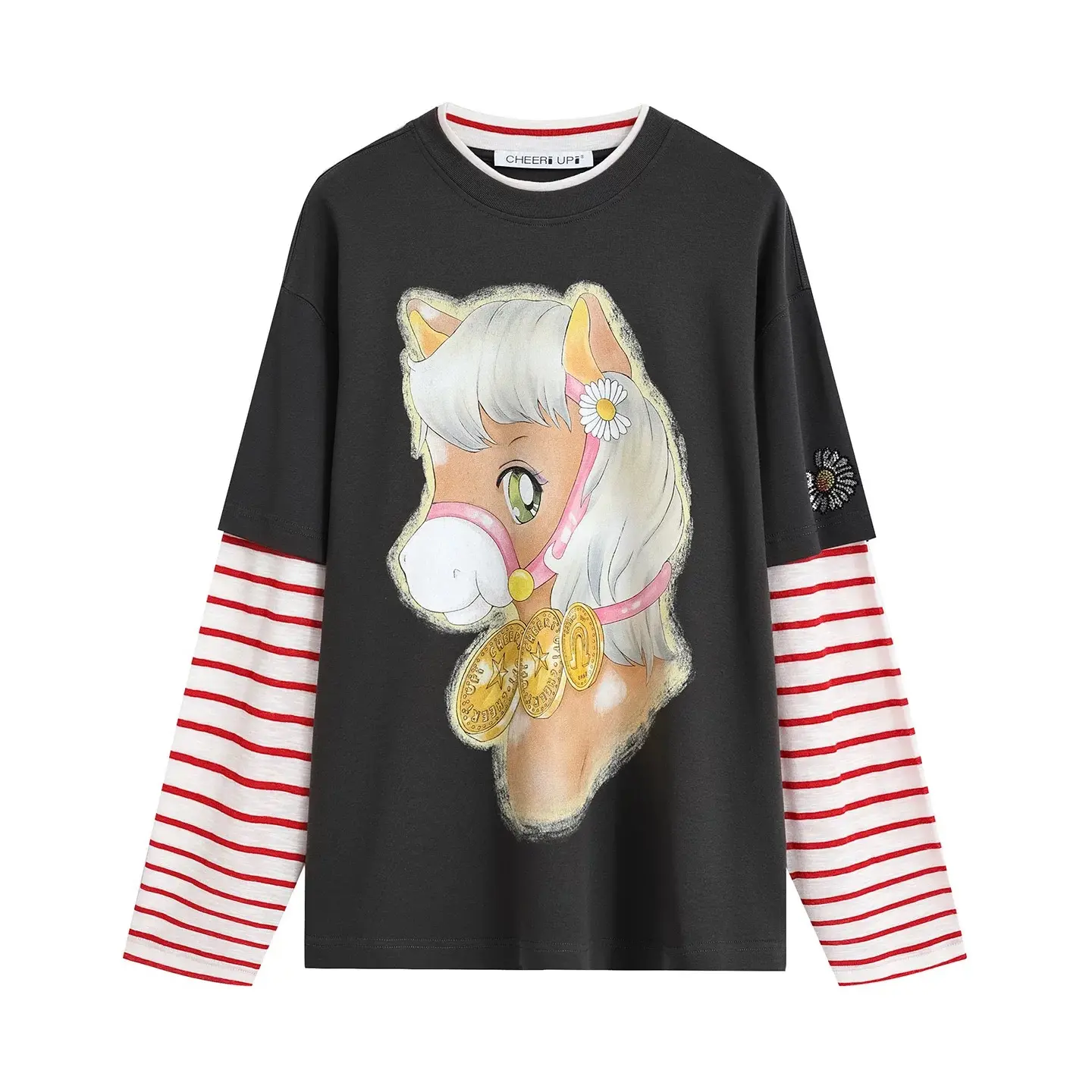 CHEERIUPI26年春季新款金马玉堂卡通印花假两件休闲宽松长袖T恤