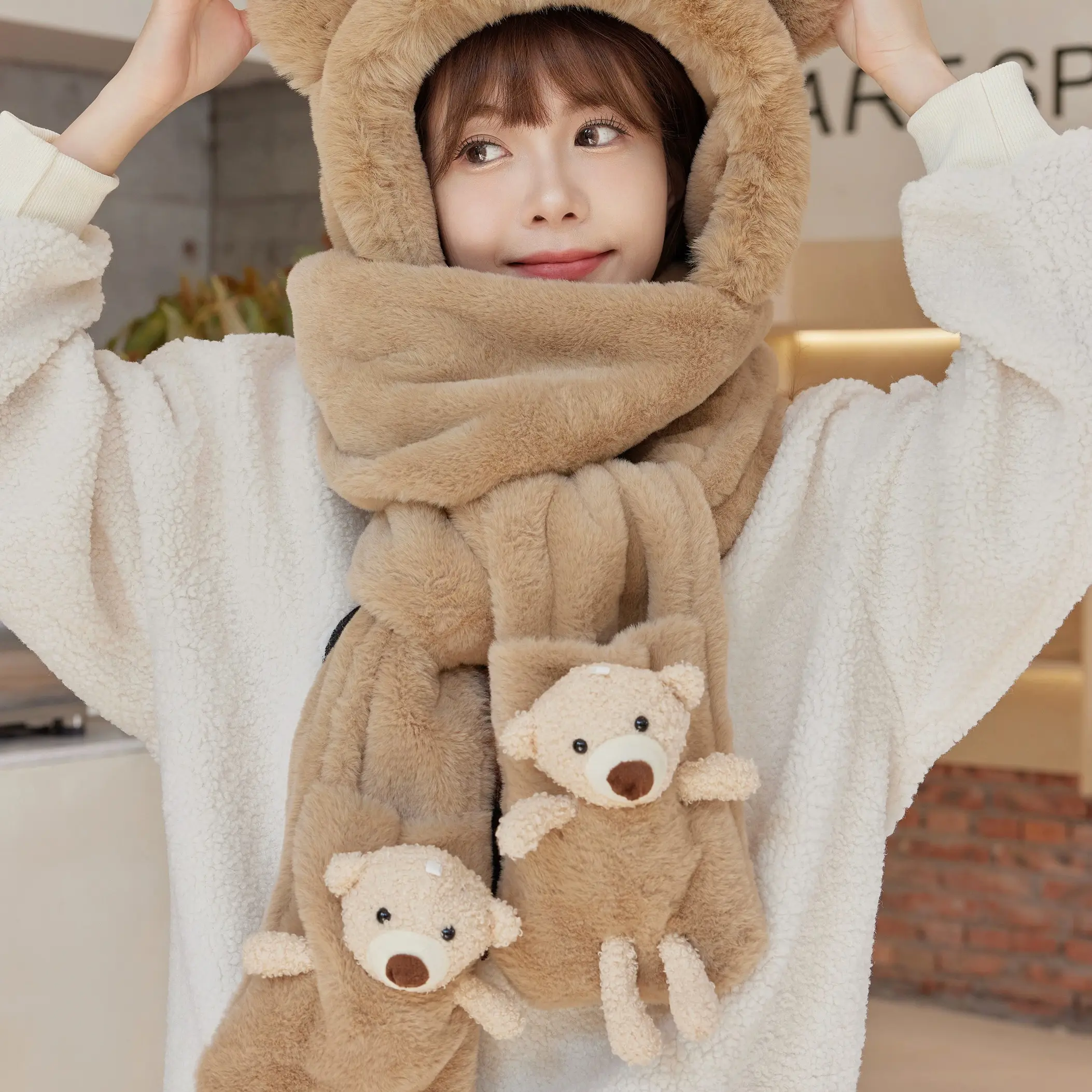 帽子围巾一体女秋冬季百搭可爱保暖连帽毛绒户外防风防寒骑车