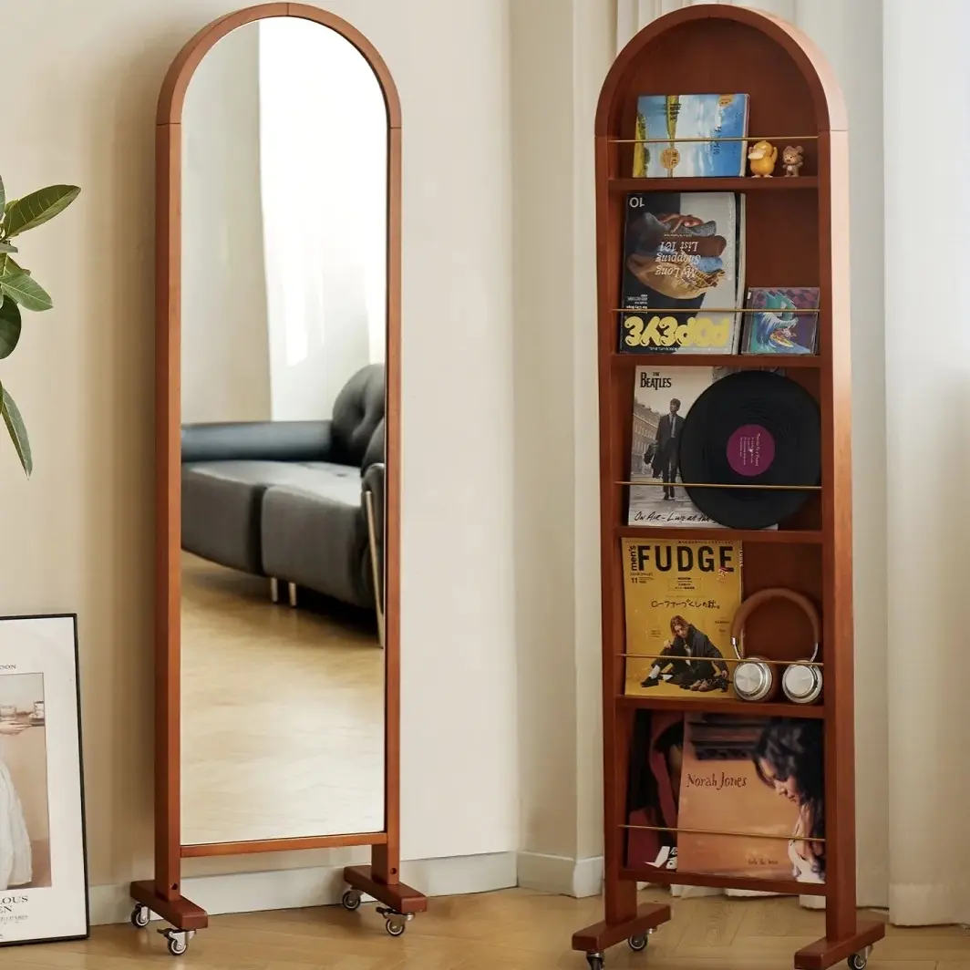 实木全身镜红胡桃木落地旋转穿衣镜日式书架收纳杂志柜展示柜