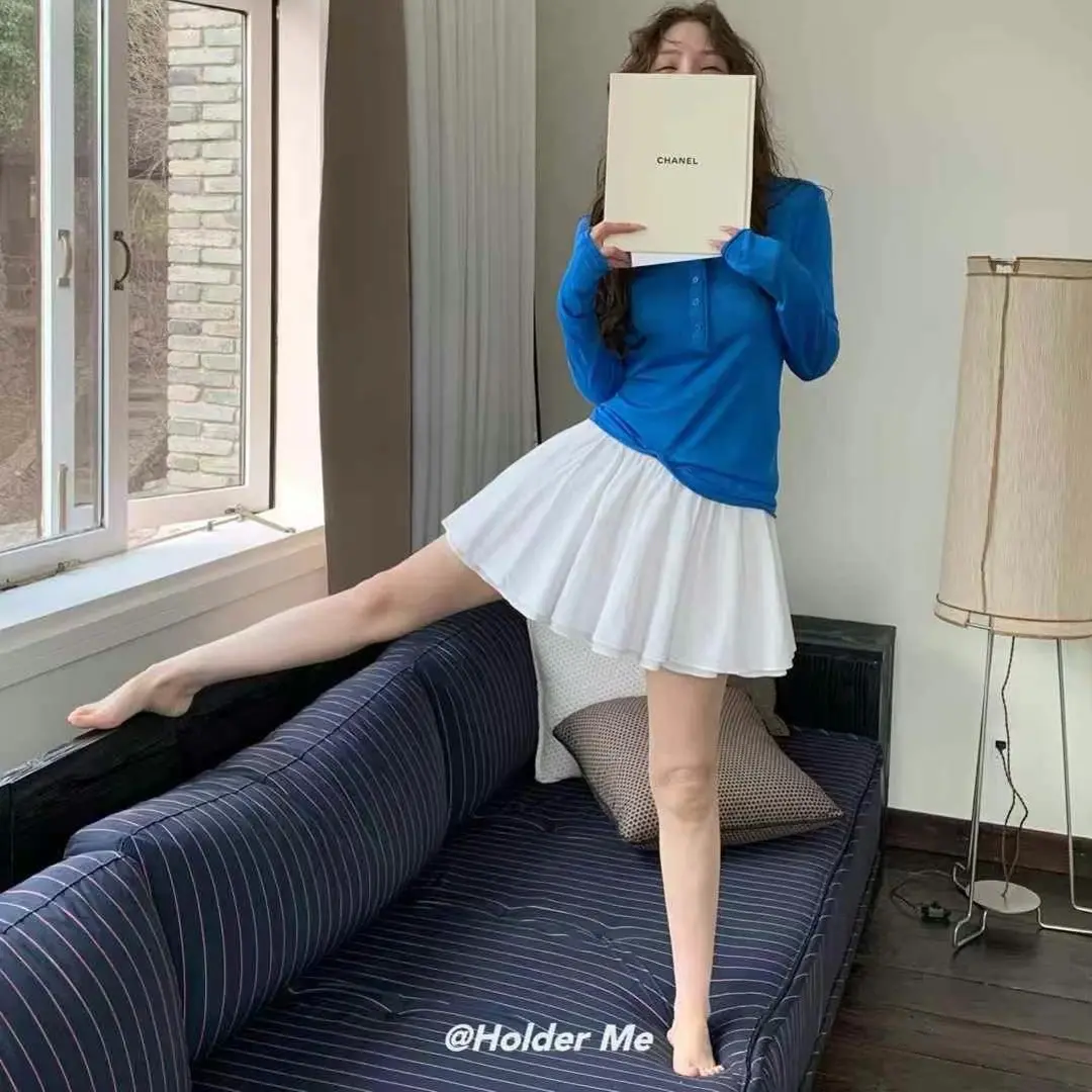 CH长袖纽扣半开领T恤套装打底秋季蓝色显瘦ol休针织高腰