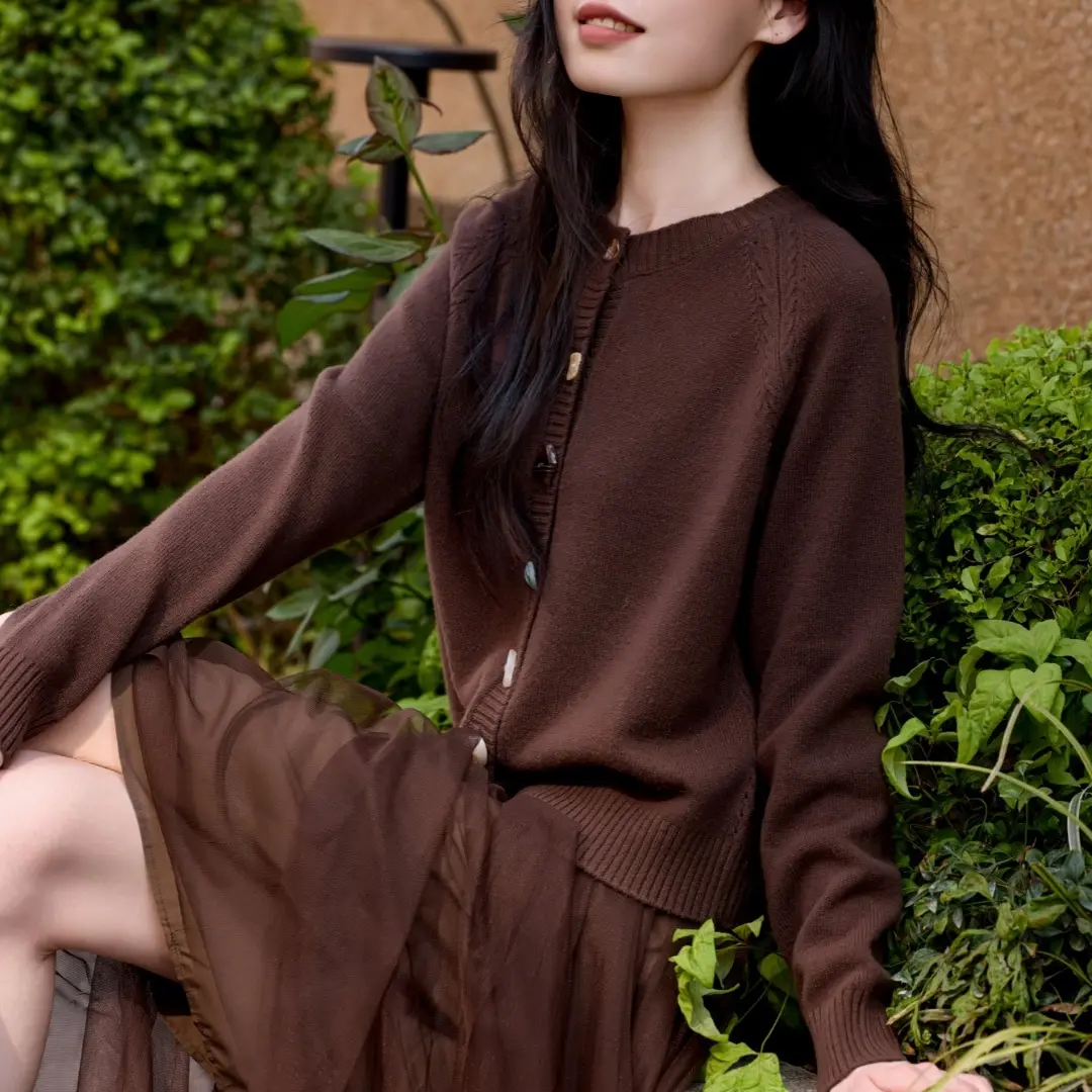OCEAN.HY浩洋国际秋冬季咖色休闲羊毛开衫