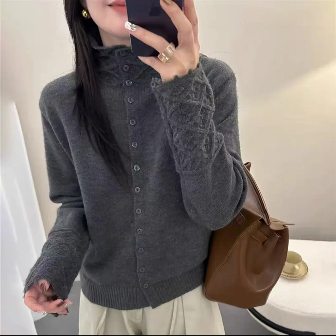 手工勾花镂空花边半高领针织开衫秋冬新款软糯舒适显瘦宽松上衣女