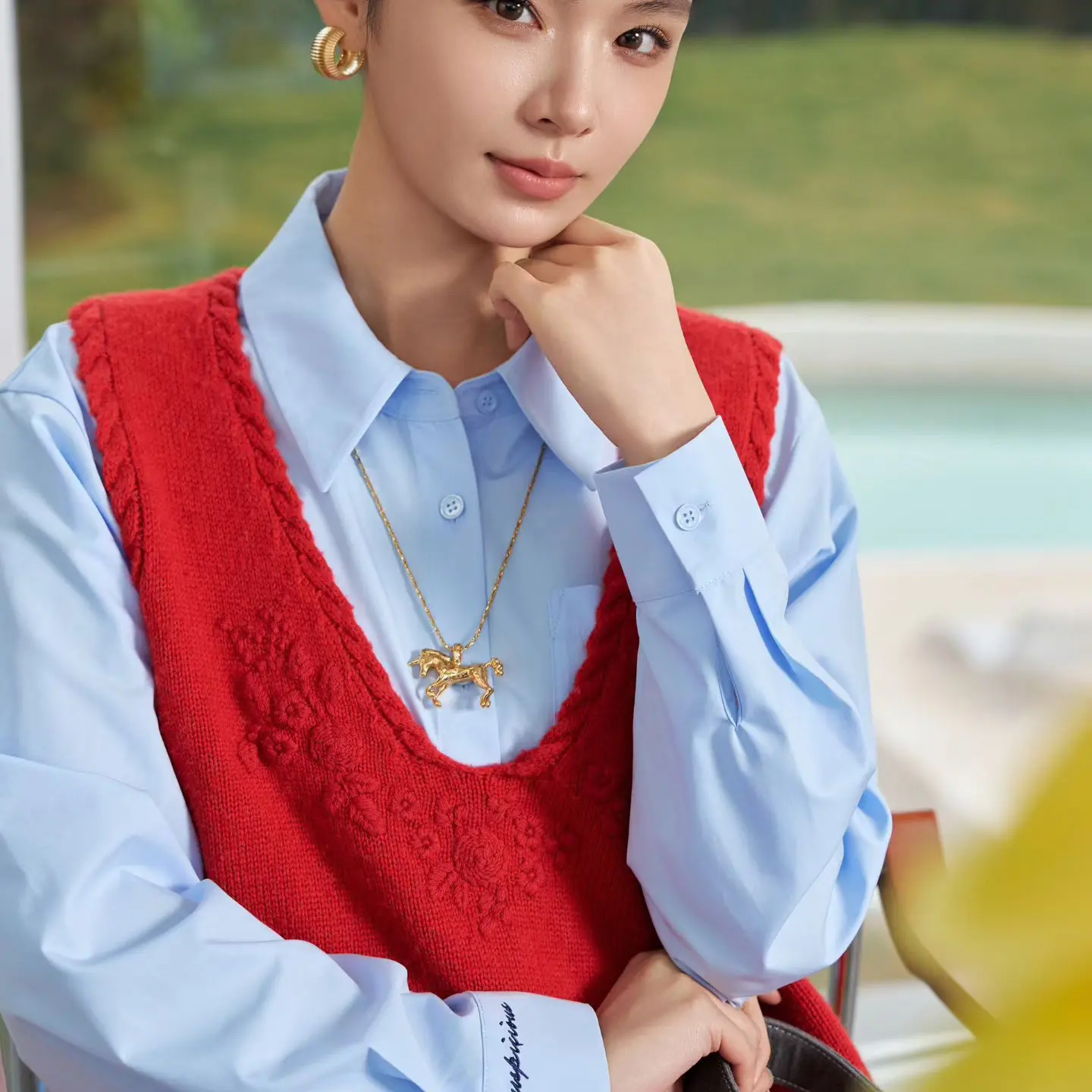 俪妍LIVELY•YAN春季新款复蓝色衬衫