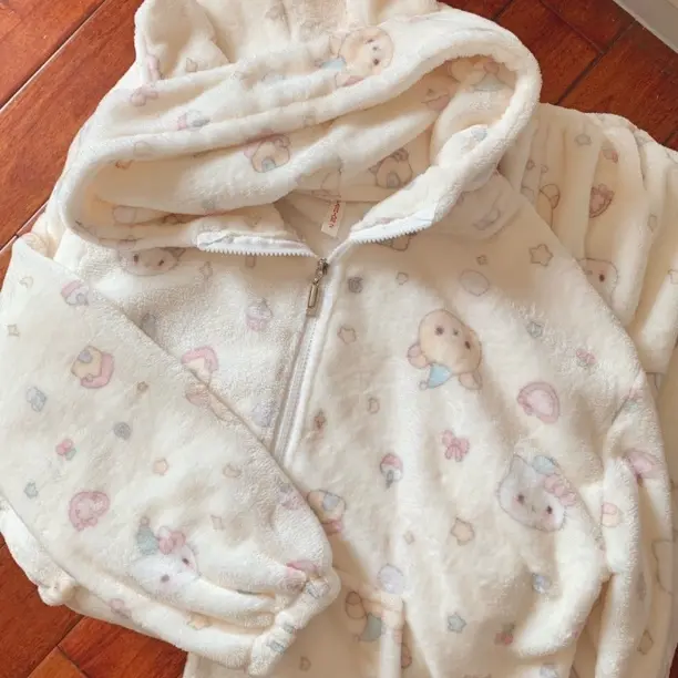 可爱轻松熊连帽拉链法兰绒秋冬加绒加厚保暖少女睡衣家居服套装