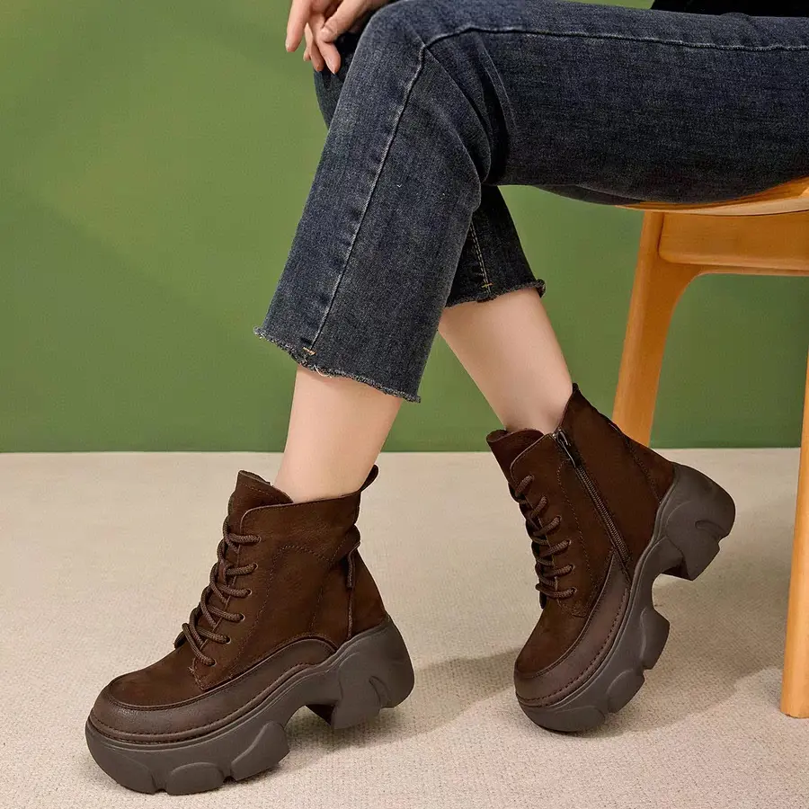 冬季新款加绒厚底增高复古风女士短筒马丁靴