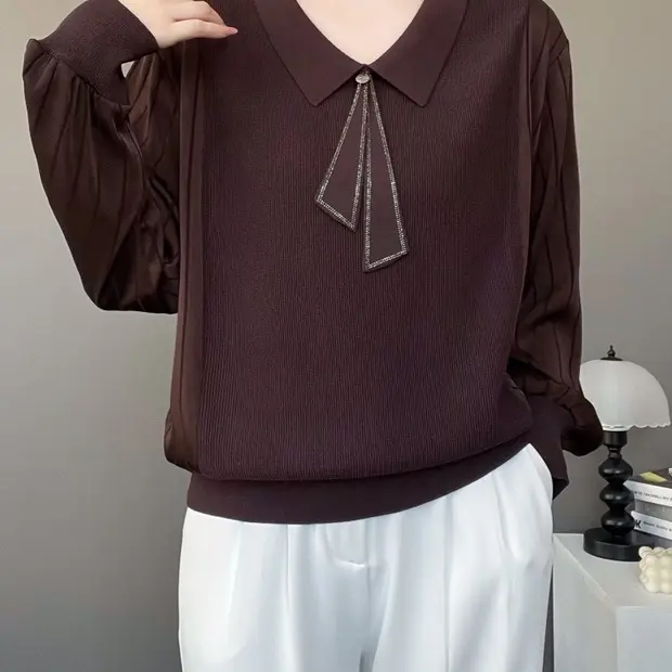 简约纯色翻领烫钻飘带长袖短款女装针织衫毛衣上衣秋季新款