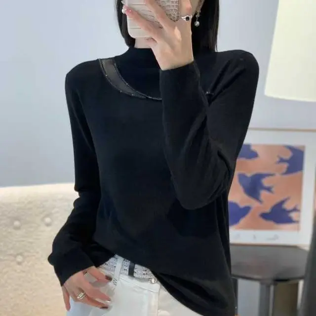 韩系宽松秋冬低中领蕾丝针织打底衫女款时尚百搭