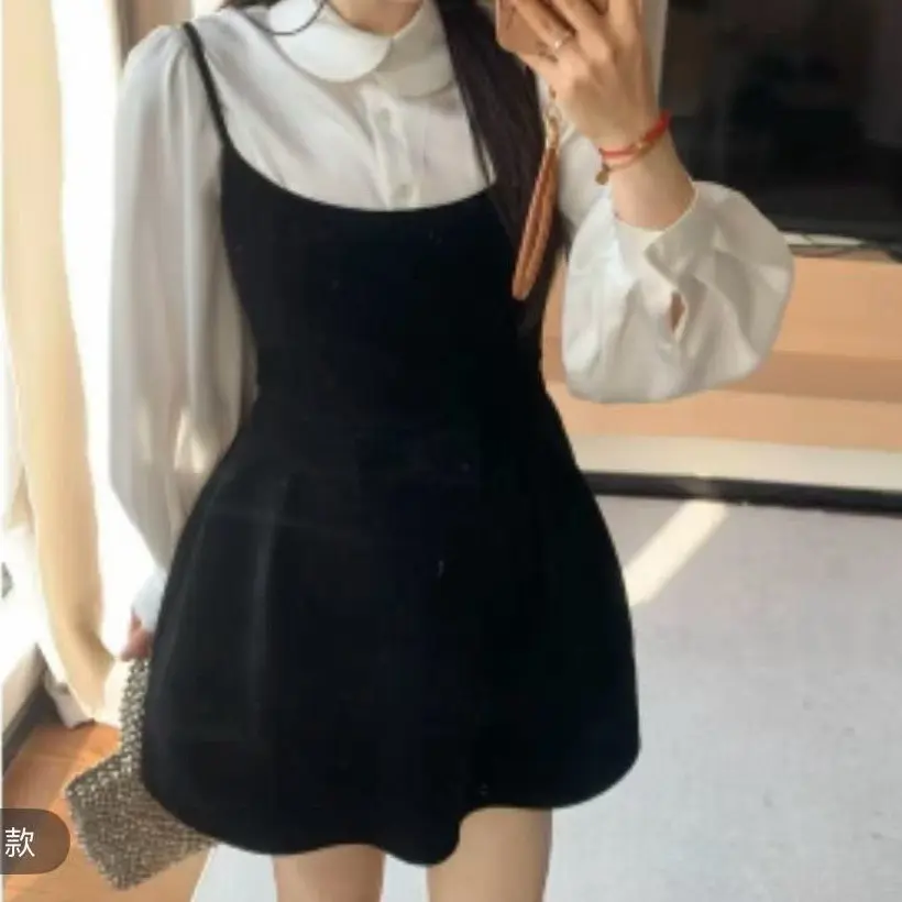 法式气质娃娃领衬衫收腰吊带连衣裙时尚两件套装女