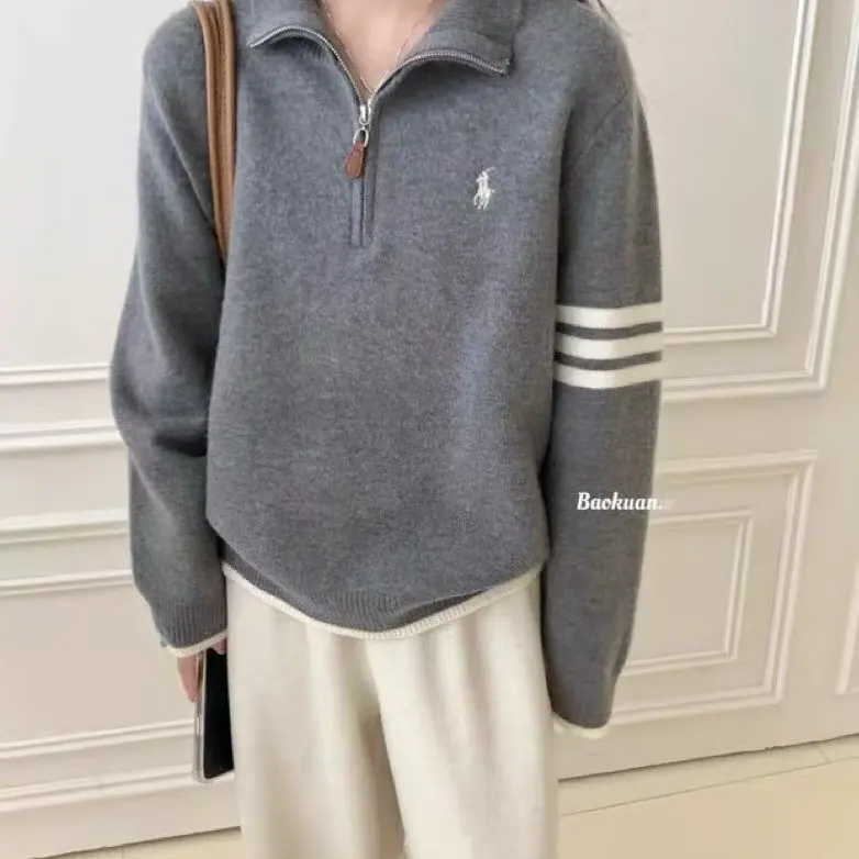 秋冬新款女韩版宽松纯色刺绣polo毛衣保暖百搭