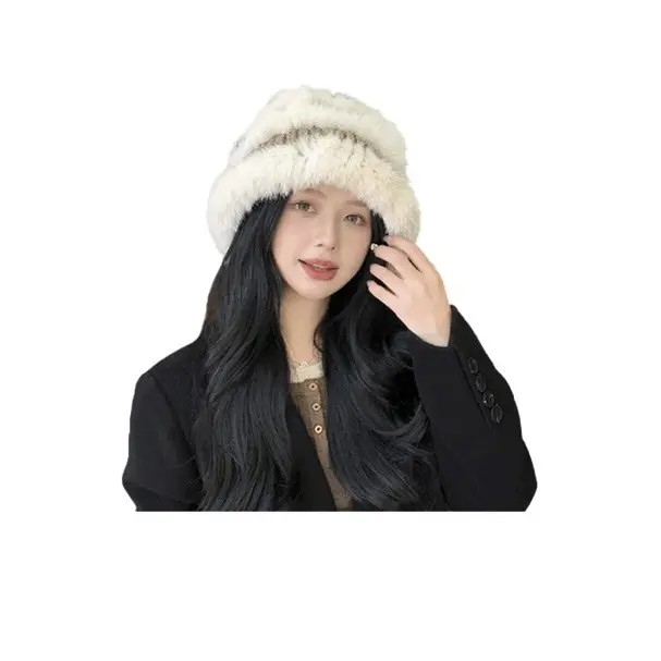 真兔毛帽子冬季百搭渔夫帽显脸小盆帽美拉德加厚毛绒保暖针织帽